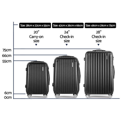 Wanderlite 3 Set Luggage 20-24-28 Inch with Zipper Lock Carry On Hard Shell Travel Suitcase Luggage Case Black LUG-ABS-ECO-3SET-BK