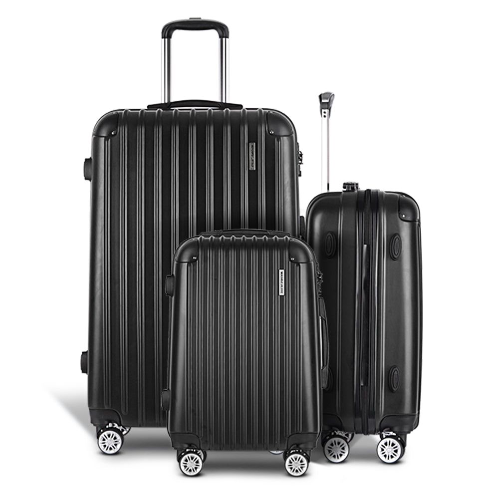 Wanderlite 3 Set Luggage 20-24-28 Inch with Zipper Lock Carry On Hard Shell Travel Suitcase Luggage Case Black LUG-ABS-ECO-3SET-BK