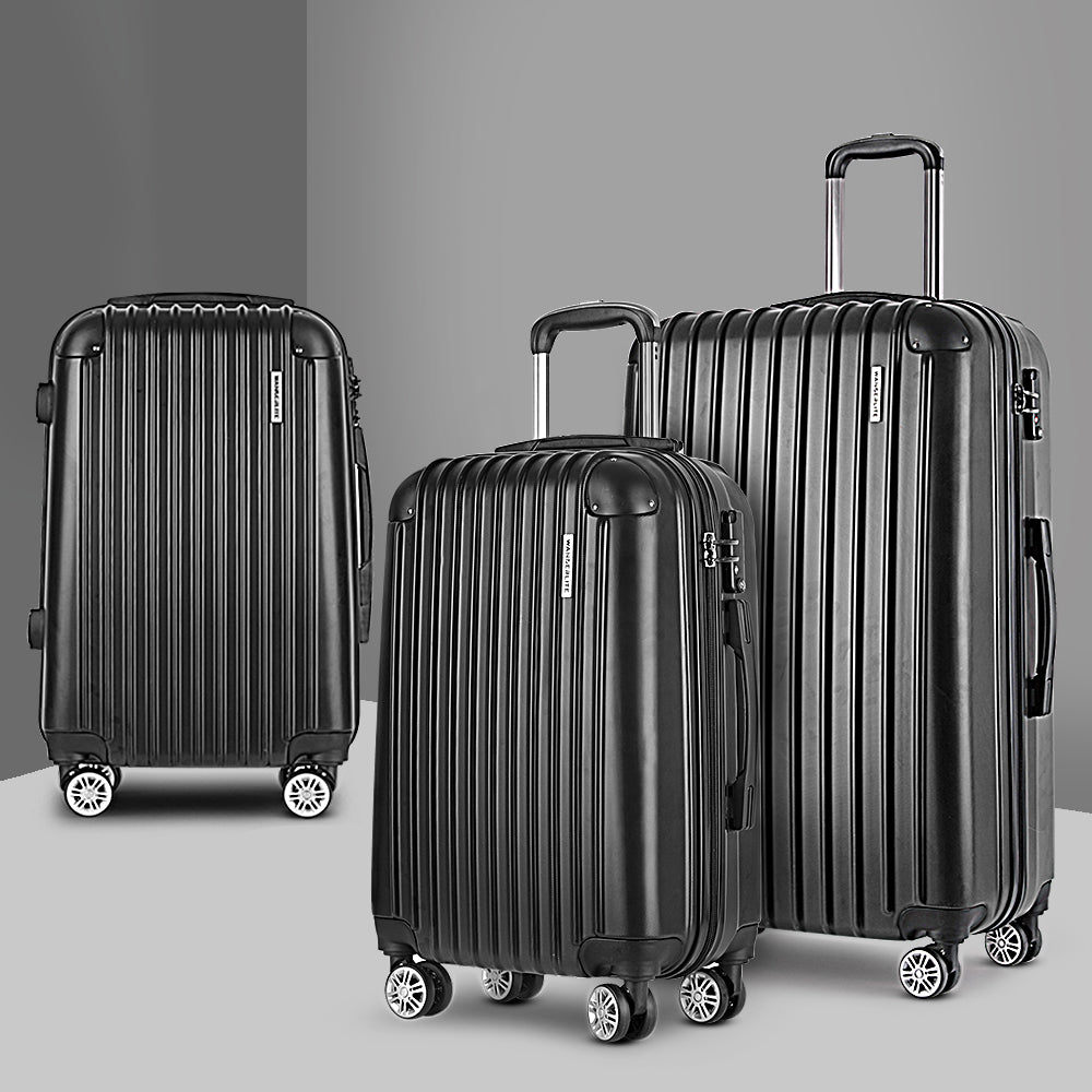 Wanderlite 3 Set Luggage 20-24-28 Inch with Zipper Lock Carry On Hard Shell Travel Suitcase Luggage Case Black LUG-ABS-ECO-3SET-BK