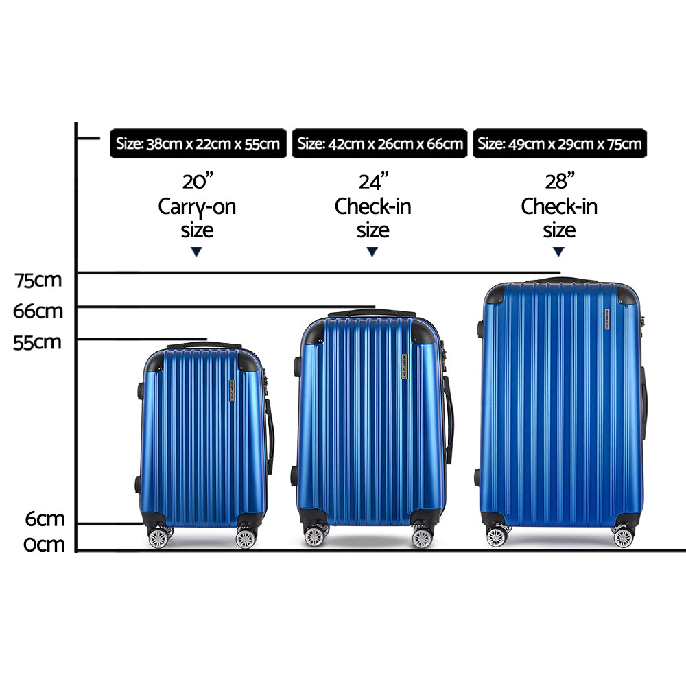 Wanderlite 3 Set Luggage 20-24-28 Inch with Zipper Lock Carry On Hard Shell Travel Suitcase Luggage Case Blue LUG-ABS-ECO-3SET-BU