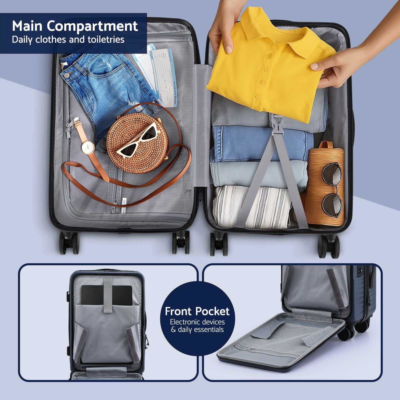 Wanderlite 20" Luggage Suitcase Front Pocket Travel Carry On Dual TSA Navy LUG-ABS-POK-20-NA