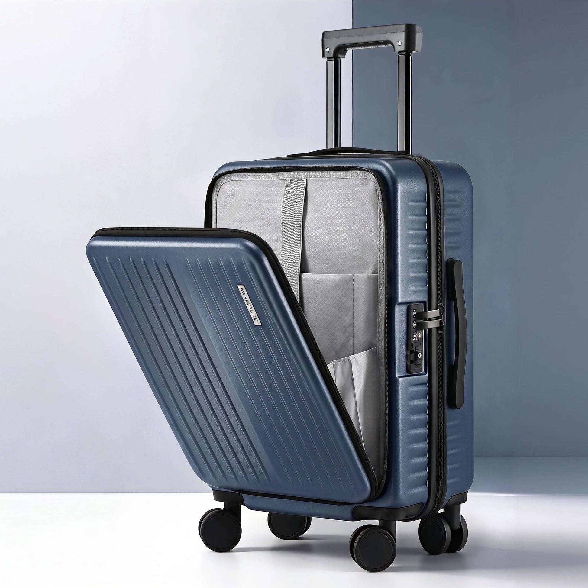 Wanderlite 20" Luggage Suitcase Front Pocket Travel Carry On Dual TSA Navy LUG-ABS-POK-20-NA