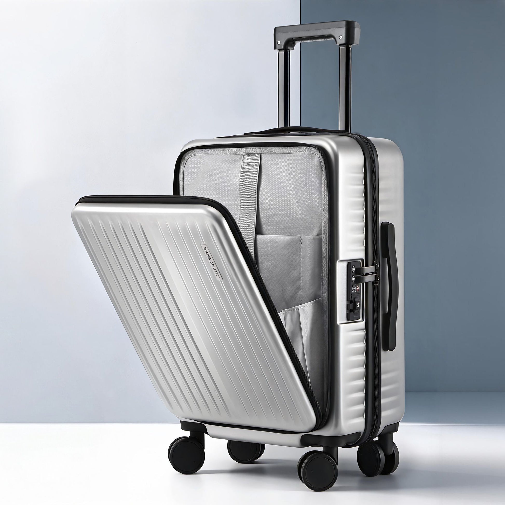 Wanderlite 20" Luggage Suitcase Front Pocket Travel Carry On Dual TSA Silver LUG-ABS-POK-20-SV