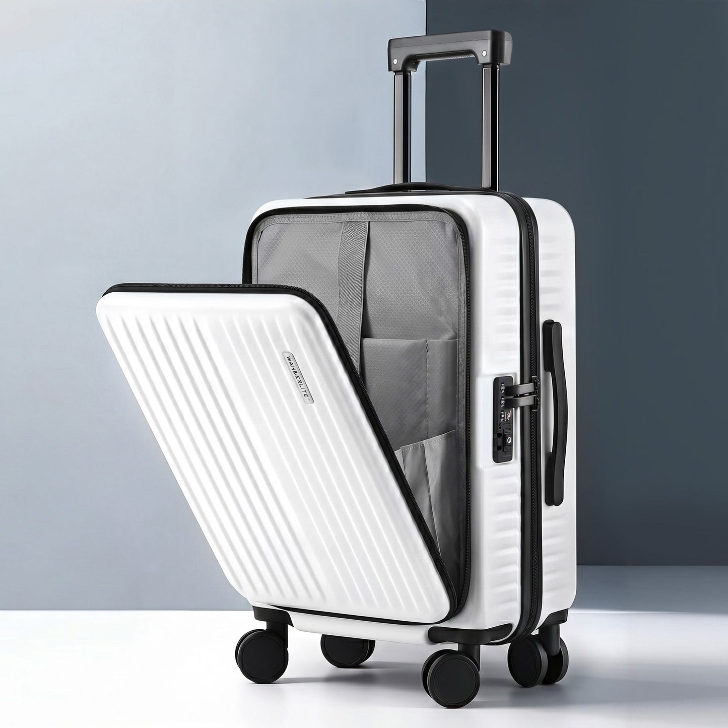 Wanderlite 20" Luggage Suitcase Front Pocket Travel Carry On Dual TSA White LUG-ABS-POK-20-WH
