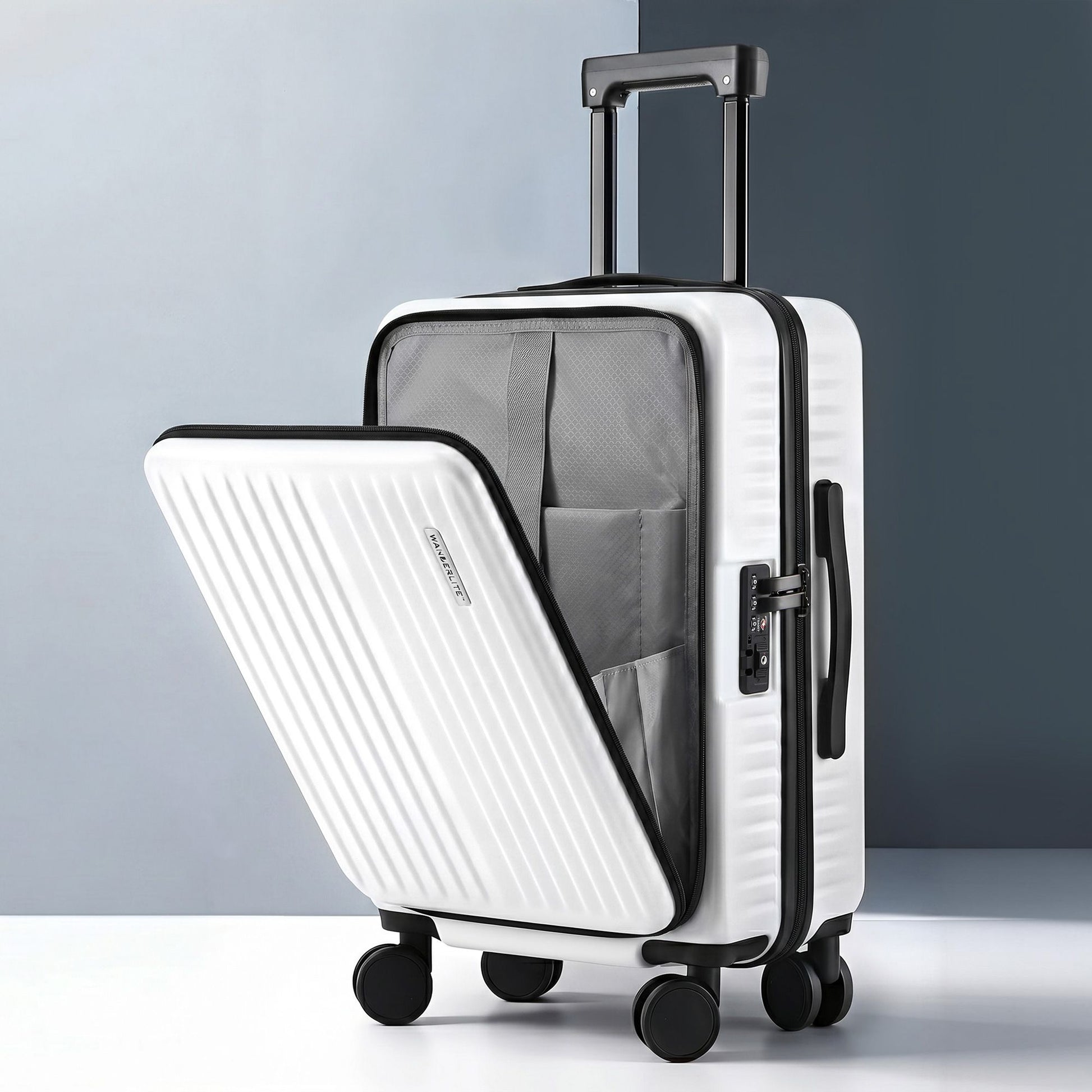 Wanderlite 20" Luggage Suitcase Front Pocket Travel Carry On Dual TSA White LUG-ABS-POK-20-WH