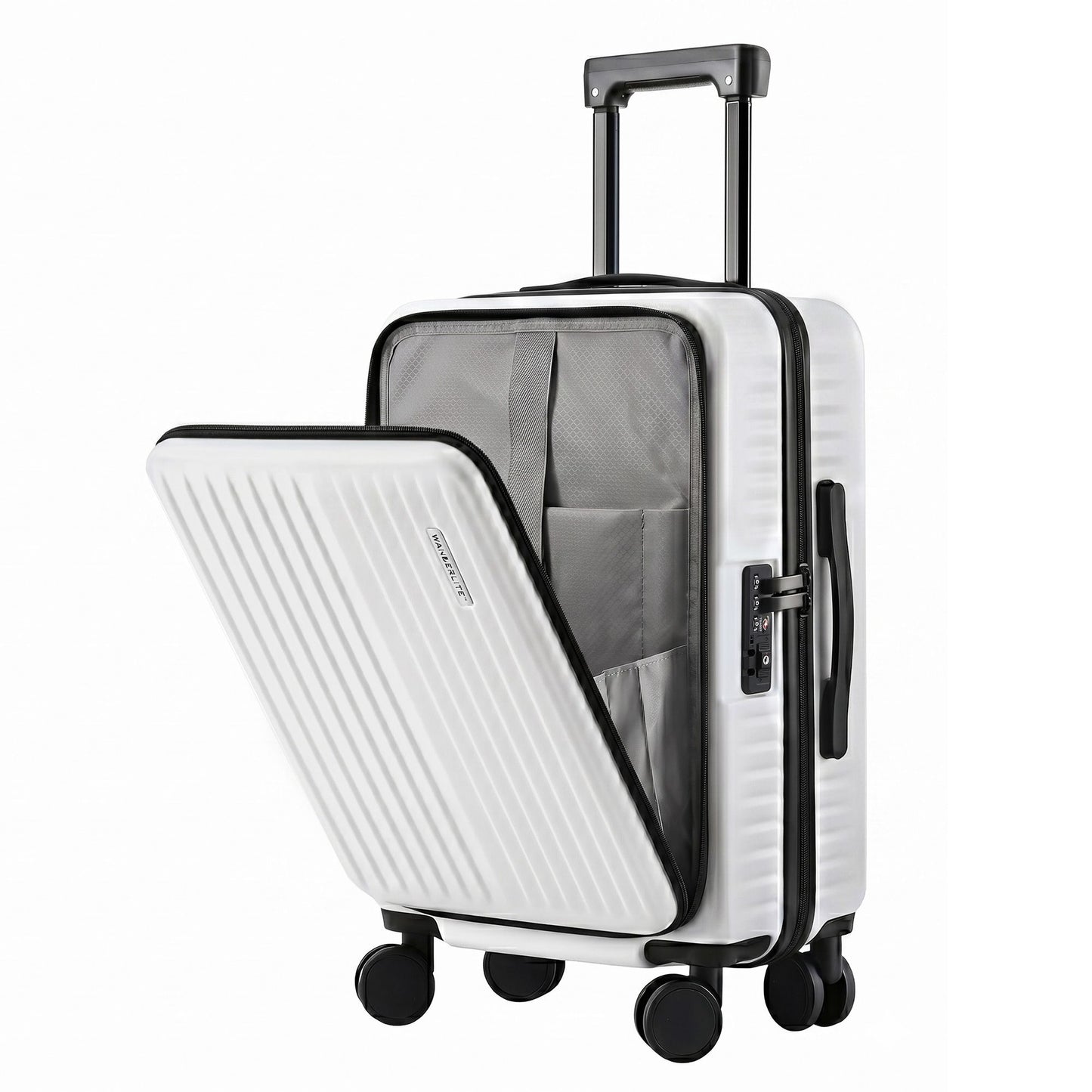 Wanderlite 20" Luggage Suitcase Front Pocket Travel Carry On Dual TSA White LUG-ABS-POK-20-WH