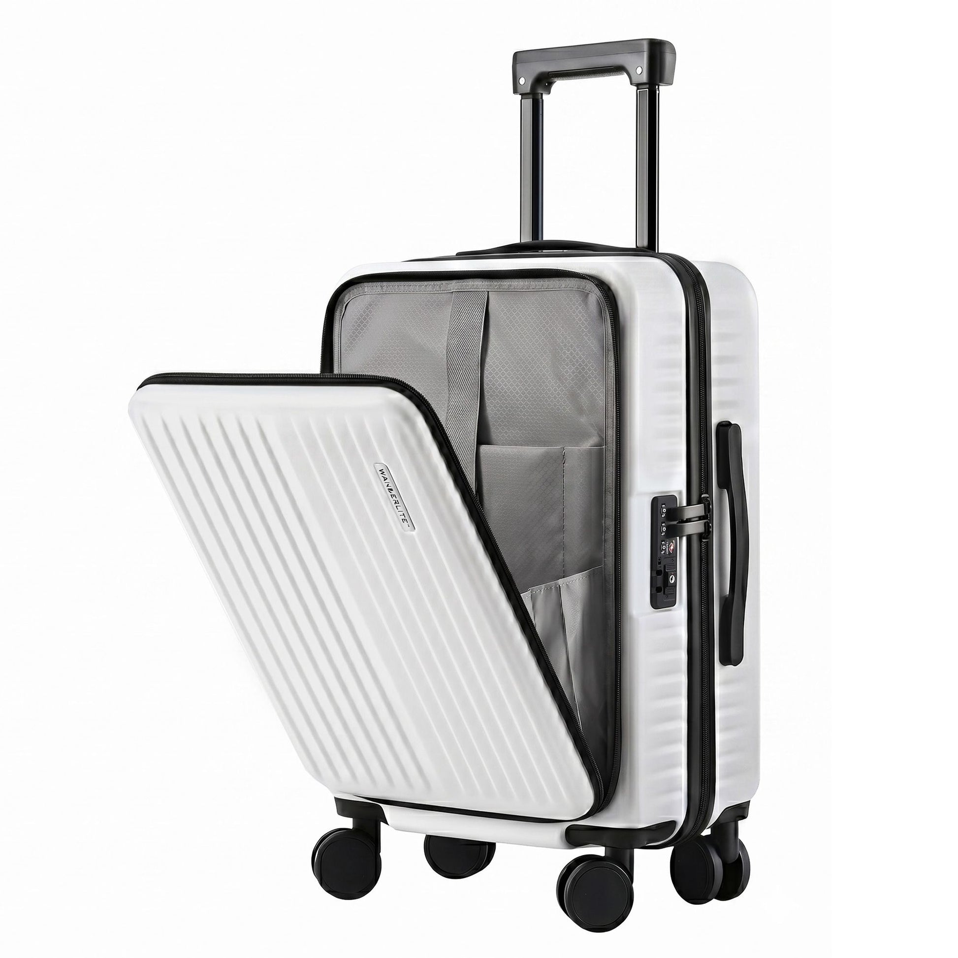 Wanderlite 20" Luggage Suitcase Front Pocket Travel Carry On Dual TSA White LUG-ABS-POK-20-WH