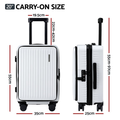 Wanderlite 20" Luggage Suitcase Front Pocket Travel Carry On Dual TSA White LUG-ABS-POK-20-WH