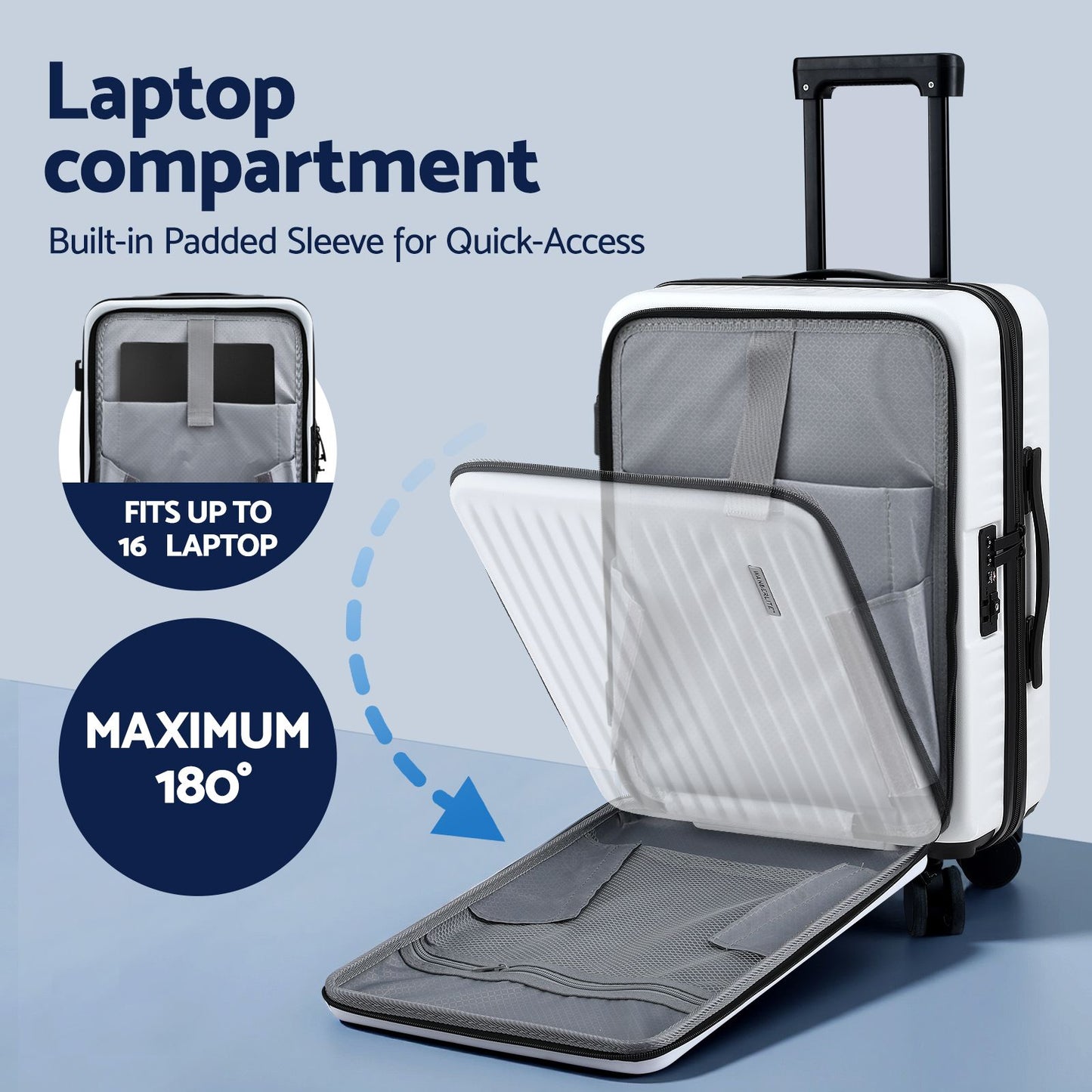 Wanderlite 20" Luggage Suitcase Front Pocket Travel Carry On Dual TSA White LUG-ABS-POK-20-WH