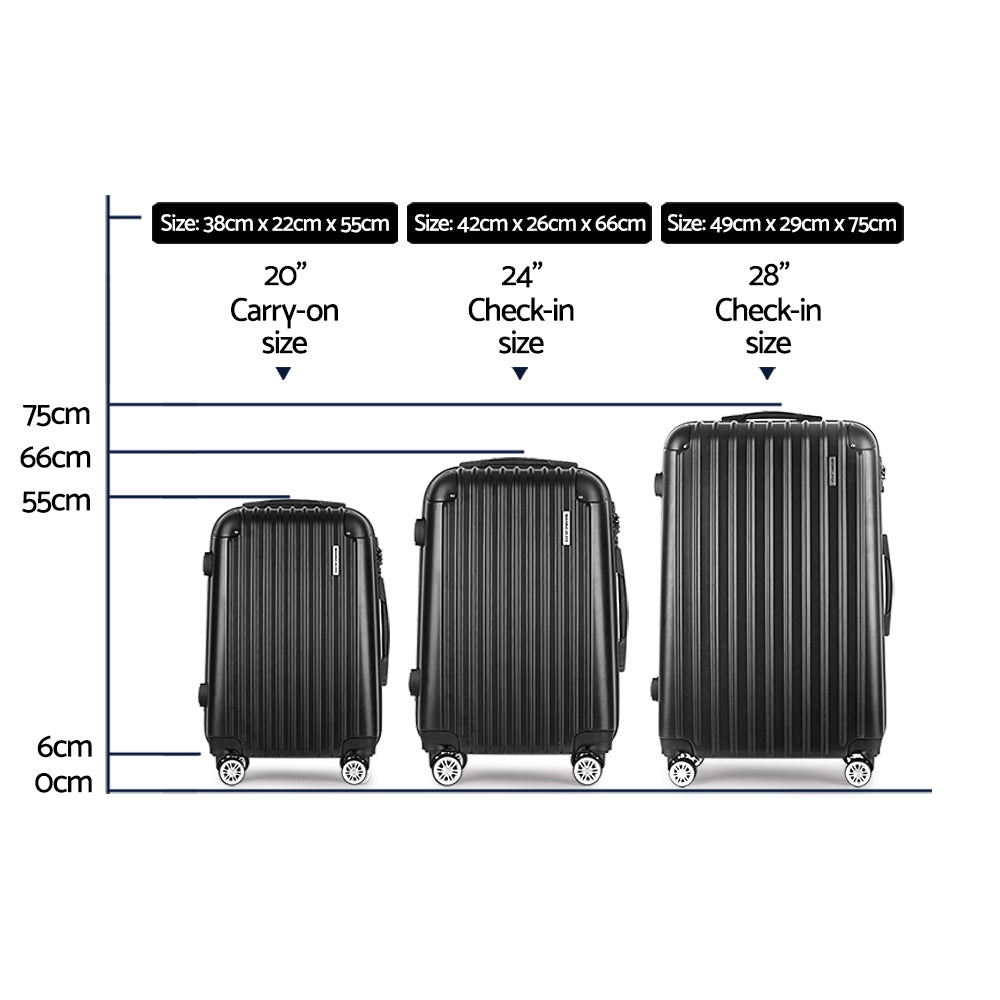 Wanderlite 3 Set Luggage 20-24-28 Inch with TSA Lock Spinner Hard Shell Travel Suitcase Luggage Organiser LUG-ABS-SPA-3SET-BK