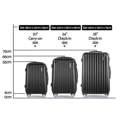 Wanderlite 3 Set Luggage 20-24-28 Inch with TSA Lock Spinner Hard Shell Travel Suitcase Luggage Organiser LUG-ABS-SPA-3SET-BK