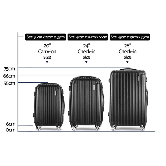 Wanderlite 3 Set Luggage 20-24-28 Inch with TSA Lock Spinner Hard Shell Travel Suitcase Luggage Organiser LUG-ABS-SPA-3SET-BK