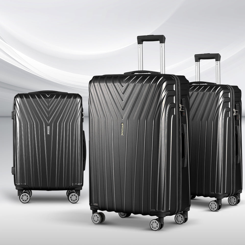 Wanderlite 3 Set Luggage 20-24-28 Inch Suitcase with TSA Lock Carry On Hard Shell Travel Luggage Organiser LUG-ABS-STR-3SET-BK