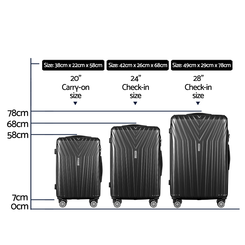 Wanderlite 3 Set Luggage 20-24-28 Inch Suitcase with TSA Lock Carry On Hard Shell Travel Luggage Organiser LUG-ABS-STR-3SET-BK