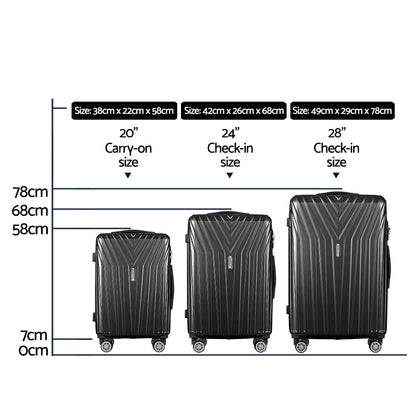 Wanderlite 3 Set Luggage 20-24-28 Inch Suitcase with TSA Lock Carry On Hard Shell Travel Luggage Organiser LUG-ABS-STR-3SET-BK