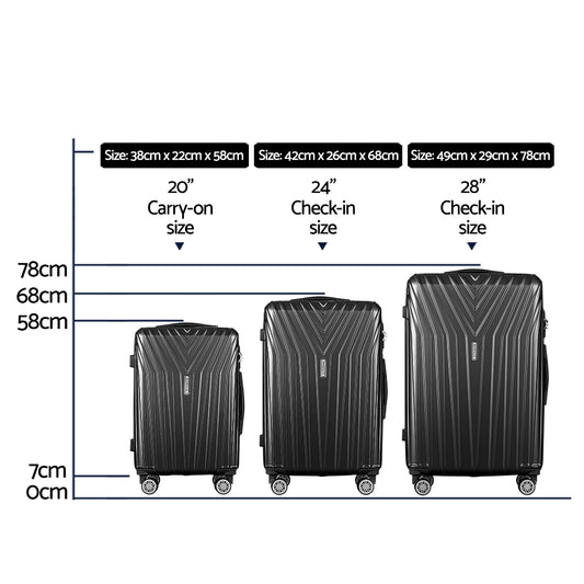 Wanderlite 3 Set Luggage 20-24-28 Inch Suitcase with TSA Lock Carry On Hard Shell Travel Luggage Organiser LUG-ABS-STR-3SET-BK