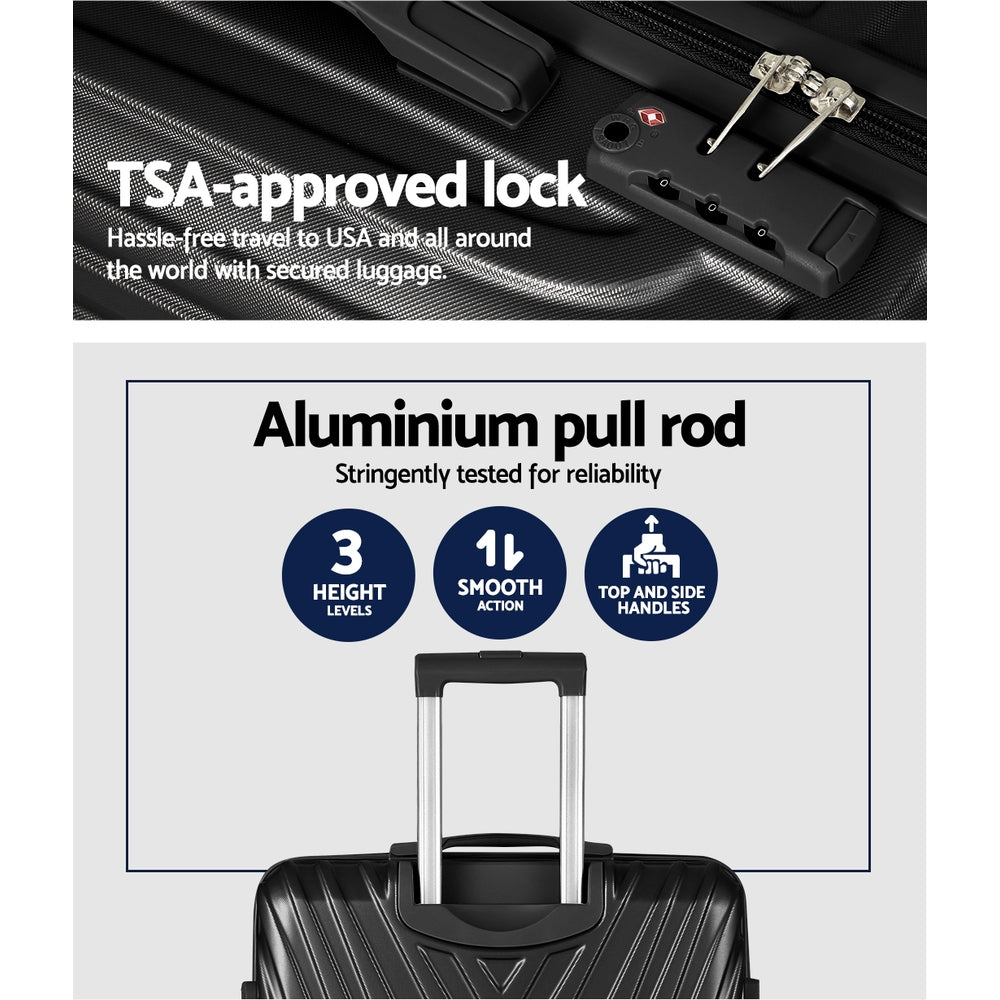 Wanderlite 3 Set Luggage 20-24-28 Inch Suitcase with TSA Lock Carry On Hard Shell Travel Luggage Organiser LUG-ABS-STR-3SET-BK