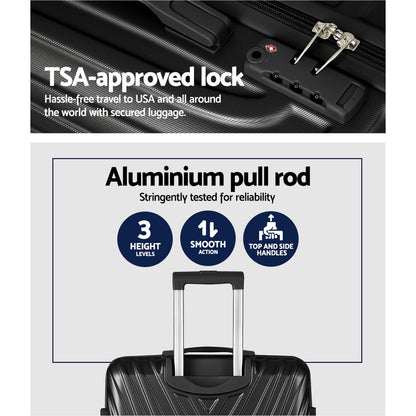 Wanderlite 3 Set Luggage 20-24-28 Inch Suitcase with TSA Lock Carry On Hard Shell Travel Luggage Organiser LUG-ABS-STR-3SET-BK