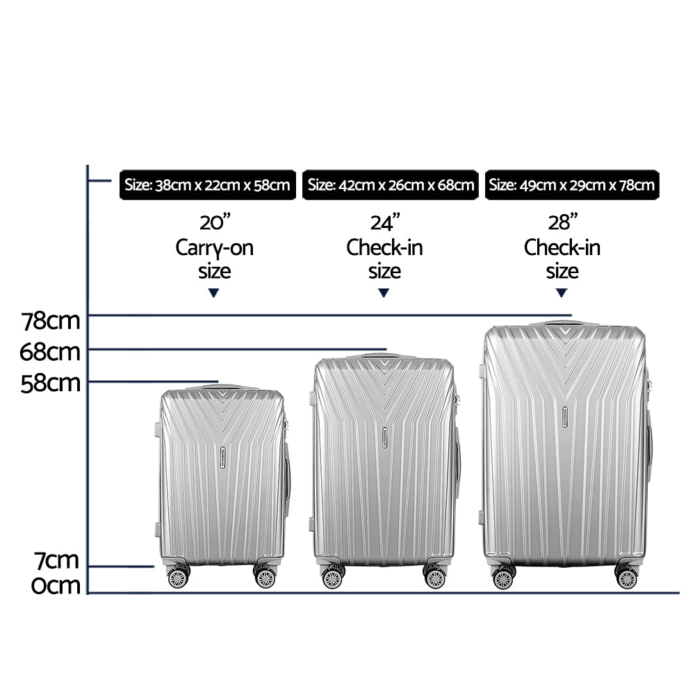 Wanderlite 3 Set Luggage 20-24-28 Inch Suitcase with TSA Lock Carry On Hard Shell Travel Luggage Organiser LUG-ABS-STR-3SET-SV