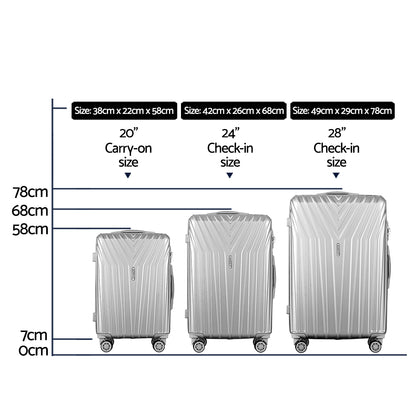 Wanderlite 3 Set Luggage 20-24-28 Inch Suitcase with TSA Lock Carry On Hard Shell Travel Luggage Organiser LUG-ABS-STR-3SET-SV
