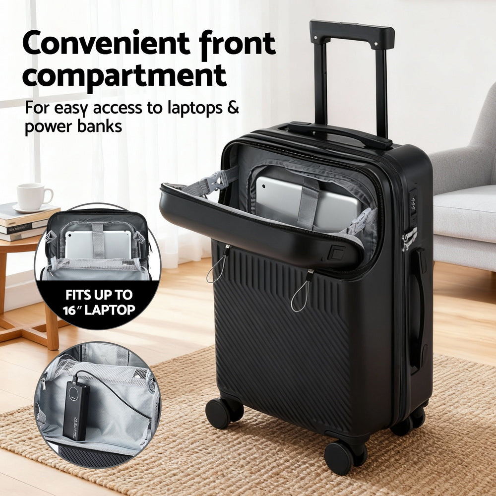Wanderlite 20" Luggage Suitcase Front Pocket Travel Carry On TSA Black LUG-ABS-TOP-20-BK