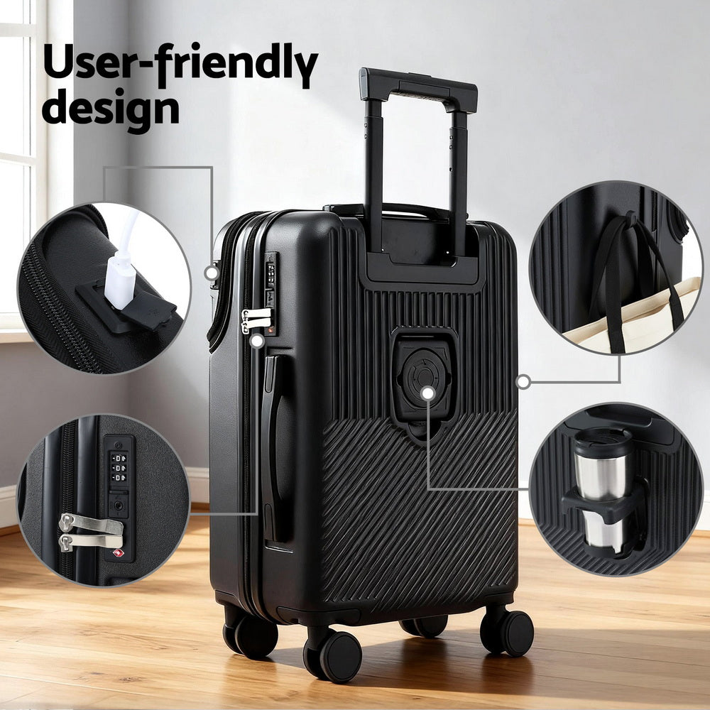Wanderlite 20" Luggage Suitcase Front Pocket Travel Carry On TSA Black LUG-ABS-TOP-20-BK