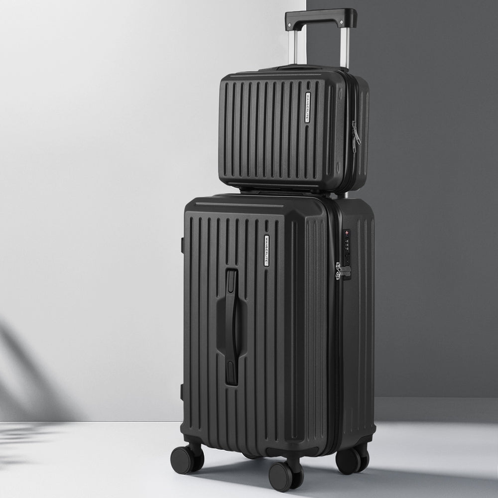 Wanderlite 2pcs Trunk Luggage Suitcase Travel Carry On TSA Lock 12" 20" Black LUG-ABS-TRUK-12-20-BK
