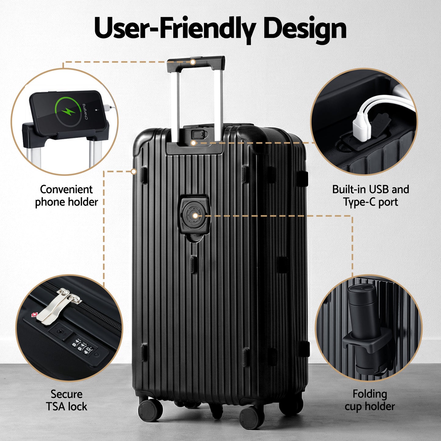 Wanderlite 28" Trunk Luggage Suitcase Travel 5 Wheels Type-C Port TSA Black LUG-ABS-TRUK-28-BK