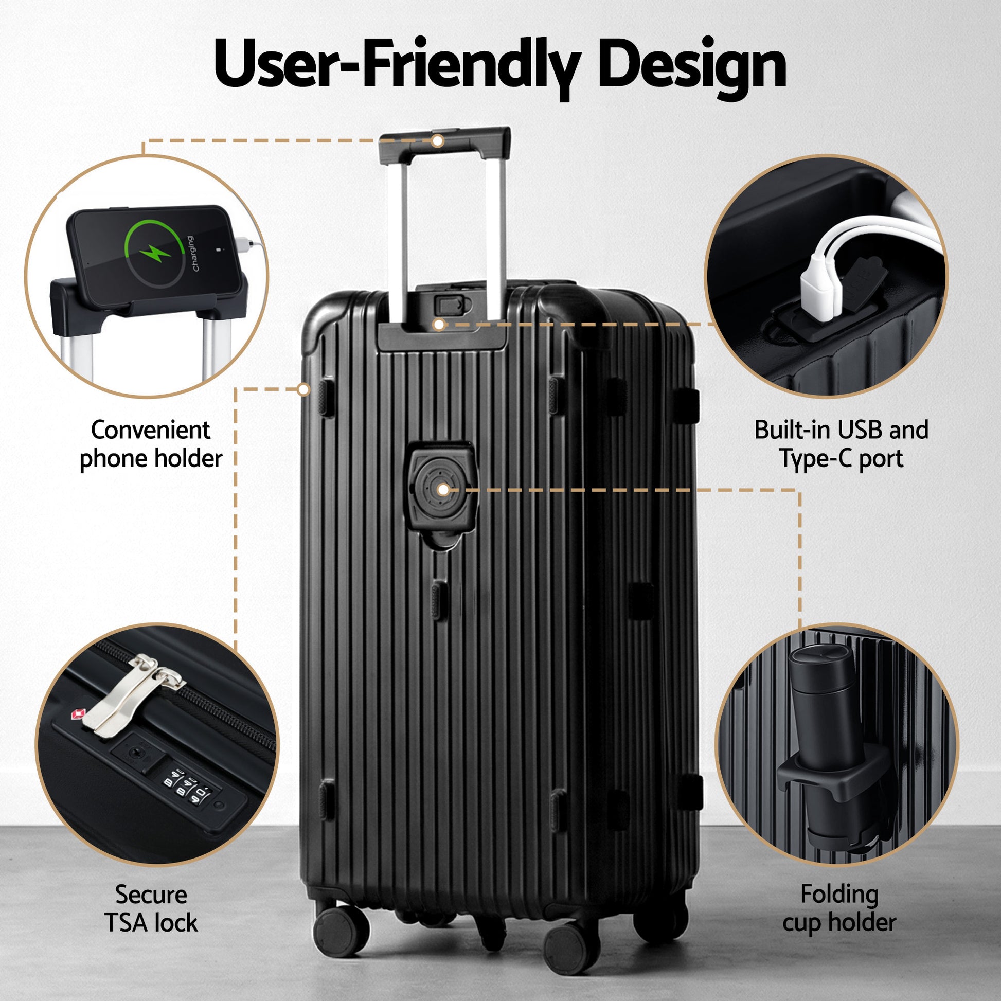 Wanderlite 28" Trunk Luggage Suitcase Travel 5 Wheels Type-C Port TSA Black LUG-ABS-TRUK-28-BK