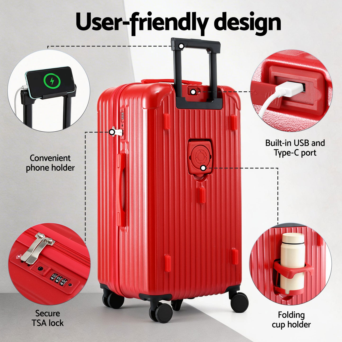 Wanderlite 28" Trunk Luggage Suitcase Travel 5 Wheels Type-C Port TSA Red LUG-ABS-TRUK-28-RD