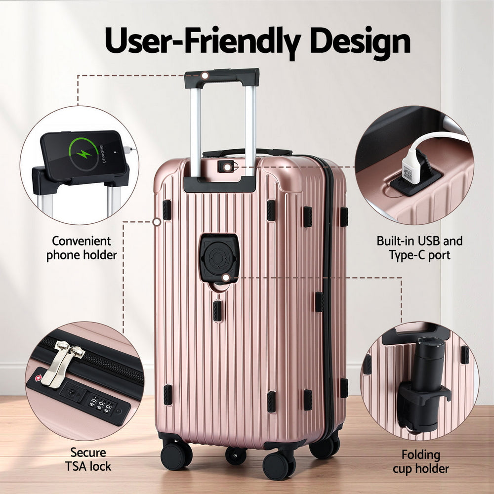 Wanderlite 28" Trunk Luggage Suitcase Travel 5 Wheels Type-C Port TSA Rose Gold LUG-ABS-TRUK-28-RG