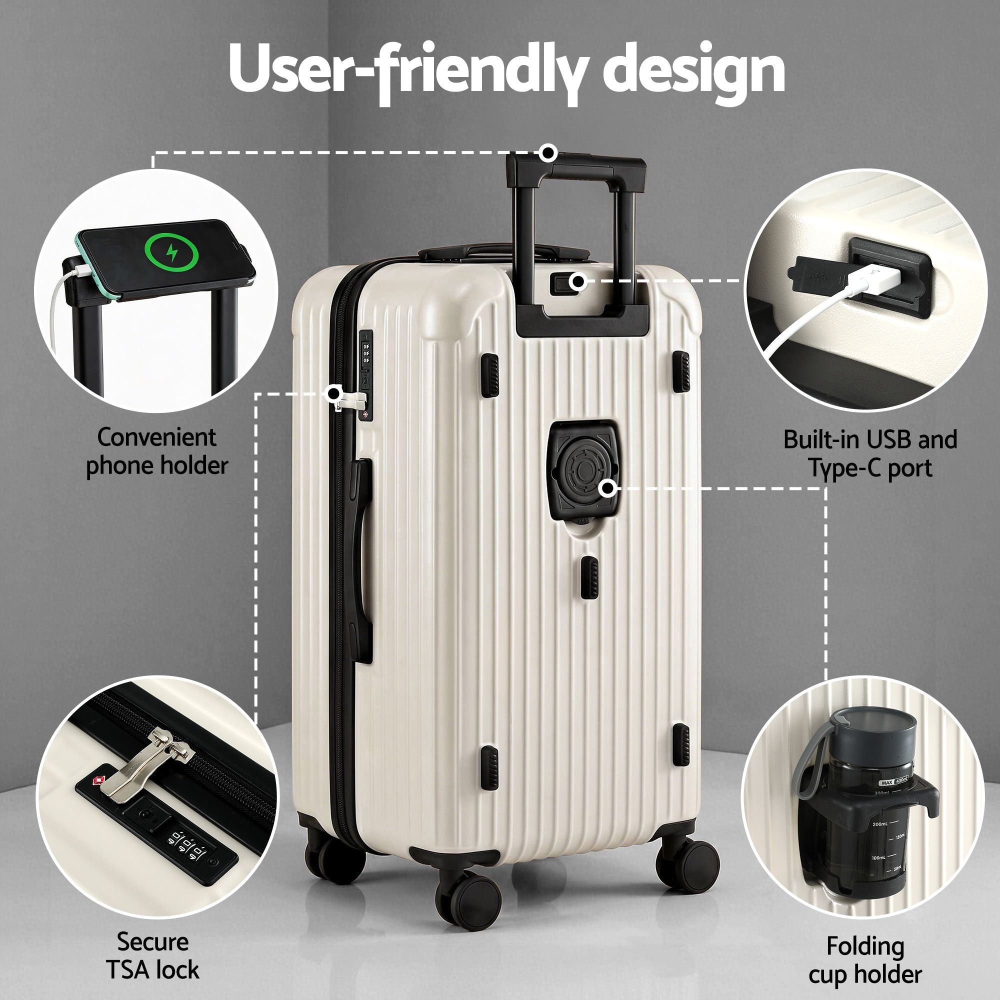 Wanderlite 28" Trunk Luggage Suitcase Travel 5 Wheels Type-C Port TSA Smoky White LUG-ABS-TRUK-28-SW