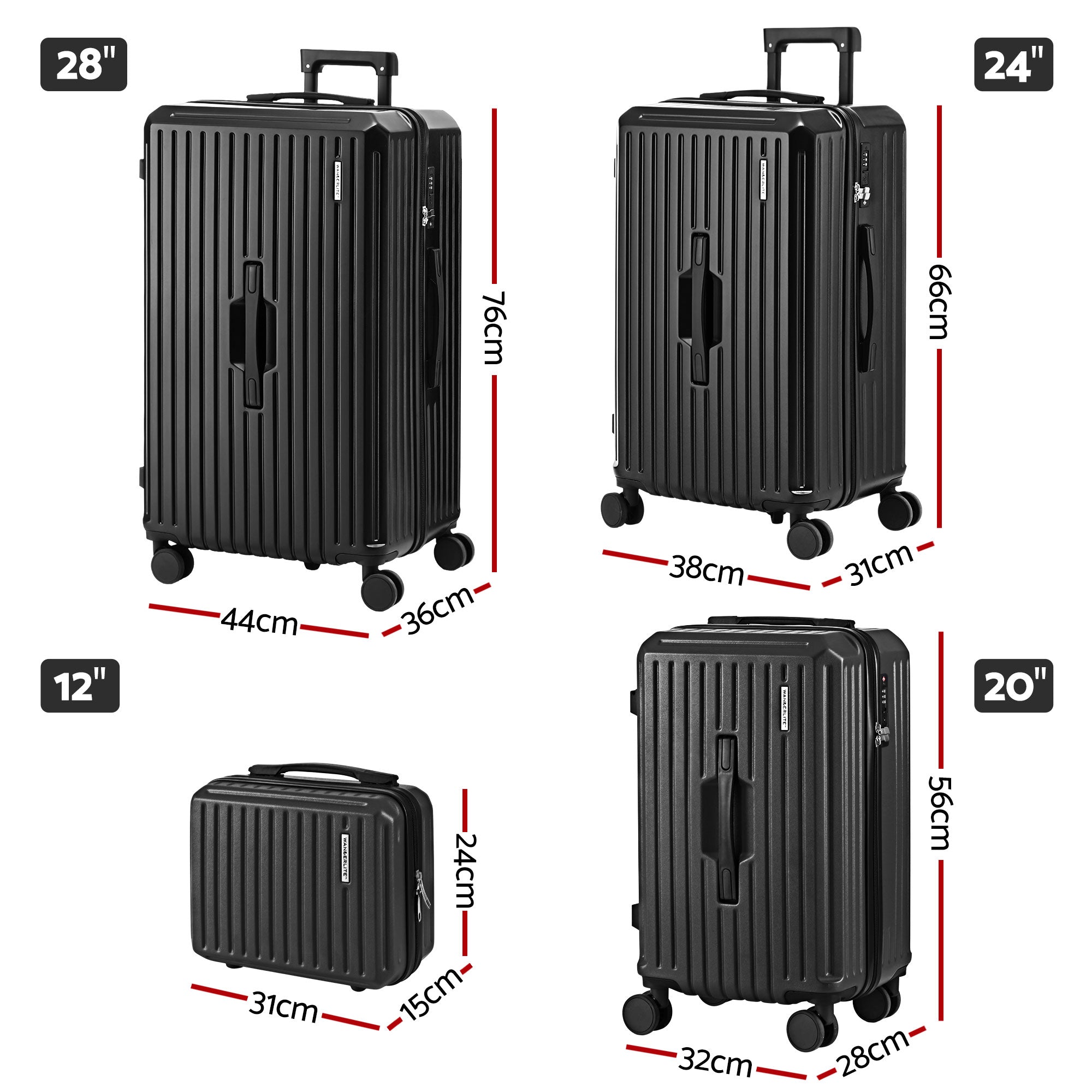 Wanderlite 4pcs Trunk Luggage Suitcase Set Travel Carry On TSA Lock Black LUG-ABS-TRUK01-4SET-BK