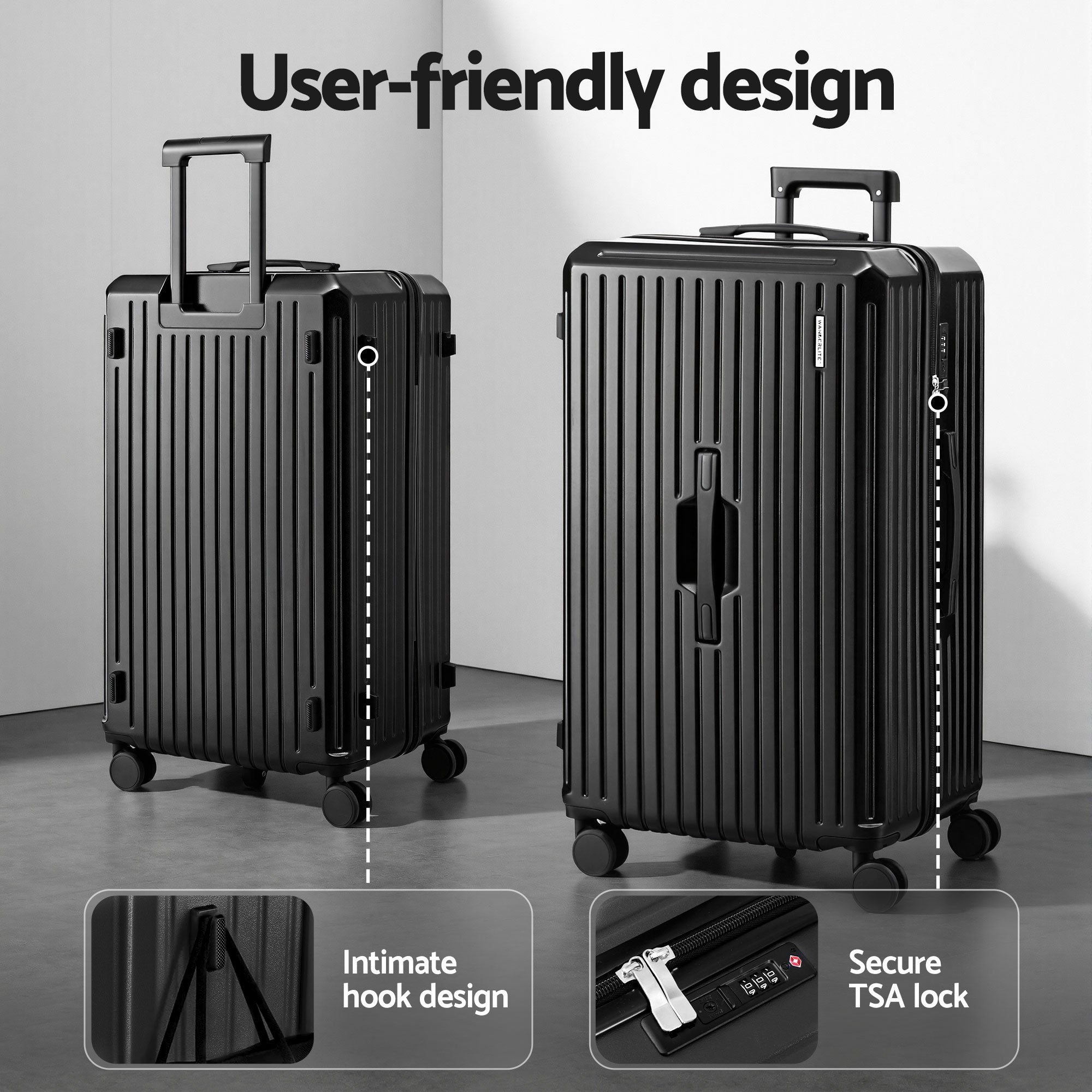 Wanderlite 4pcs Trunk Luggage Suitcase Set Travel Carry On TSA Lock Black LUG-ABS-TRUK01-4SET-BK