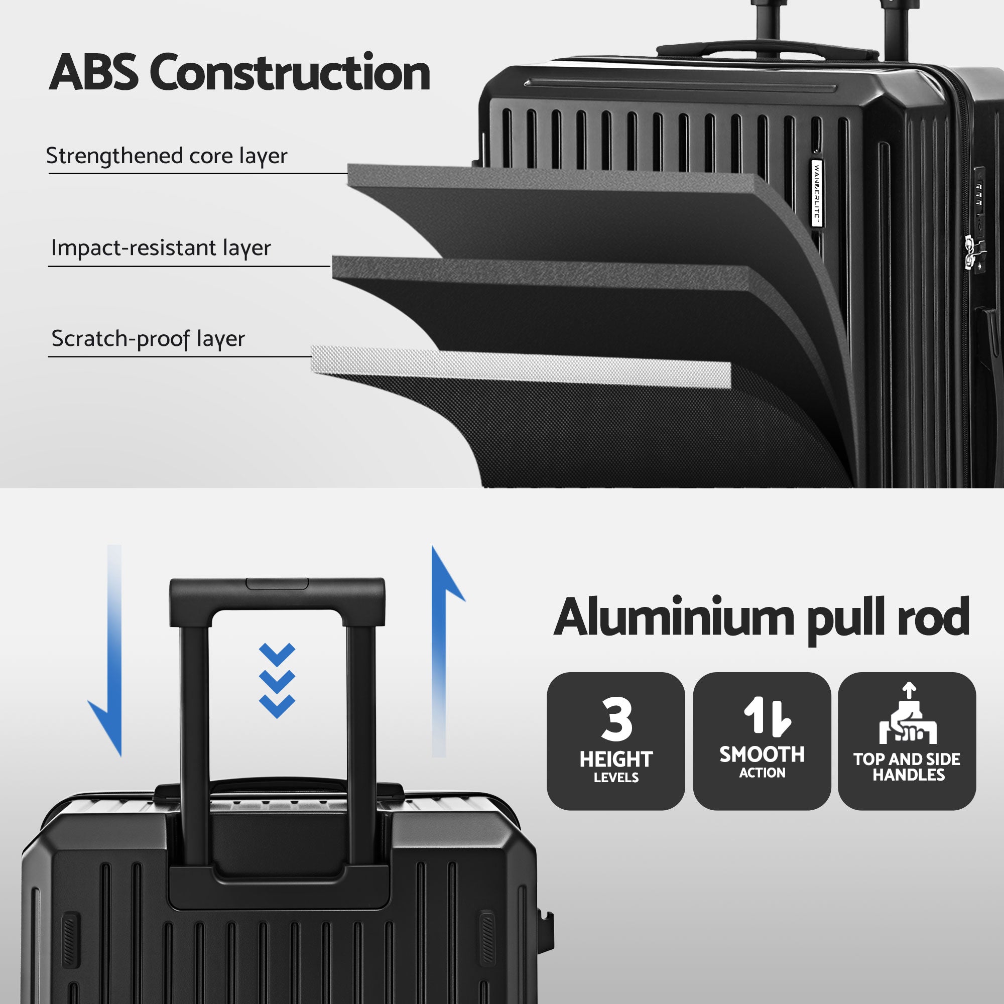Wanderlite 4pcs Trunk Luggage Suitcase Set Travel Carry On TSA Lock Black LUG-ABS-TRUK01-4SET-BK