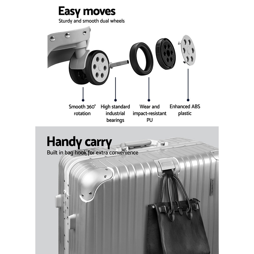 Wanderlite 28 Inch Luggage with TSA Lock StainlessSteelWrappedCorners Hard Shell Travel Suitcase Luggage Case LUG-ALU-28-SILVER