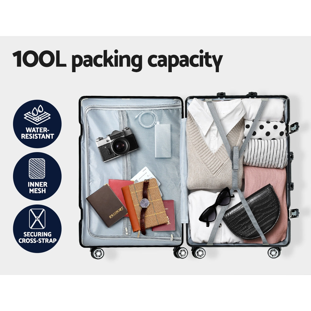 Wanderlite 28 Inch Luggage with TSA Lock StainlessSteelWrappedCorners Hard Shell Travel Suitcase Luggage Case LUG-ALU-VG-28-BK