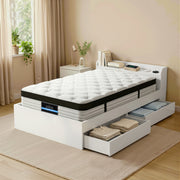 Giselle Single Mattress 5-zone Pocket Spring Mattresses with Artiss Wooden Storage Bed Frame Set MABF-BET-AURA-S-WH