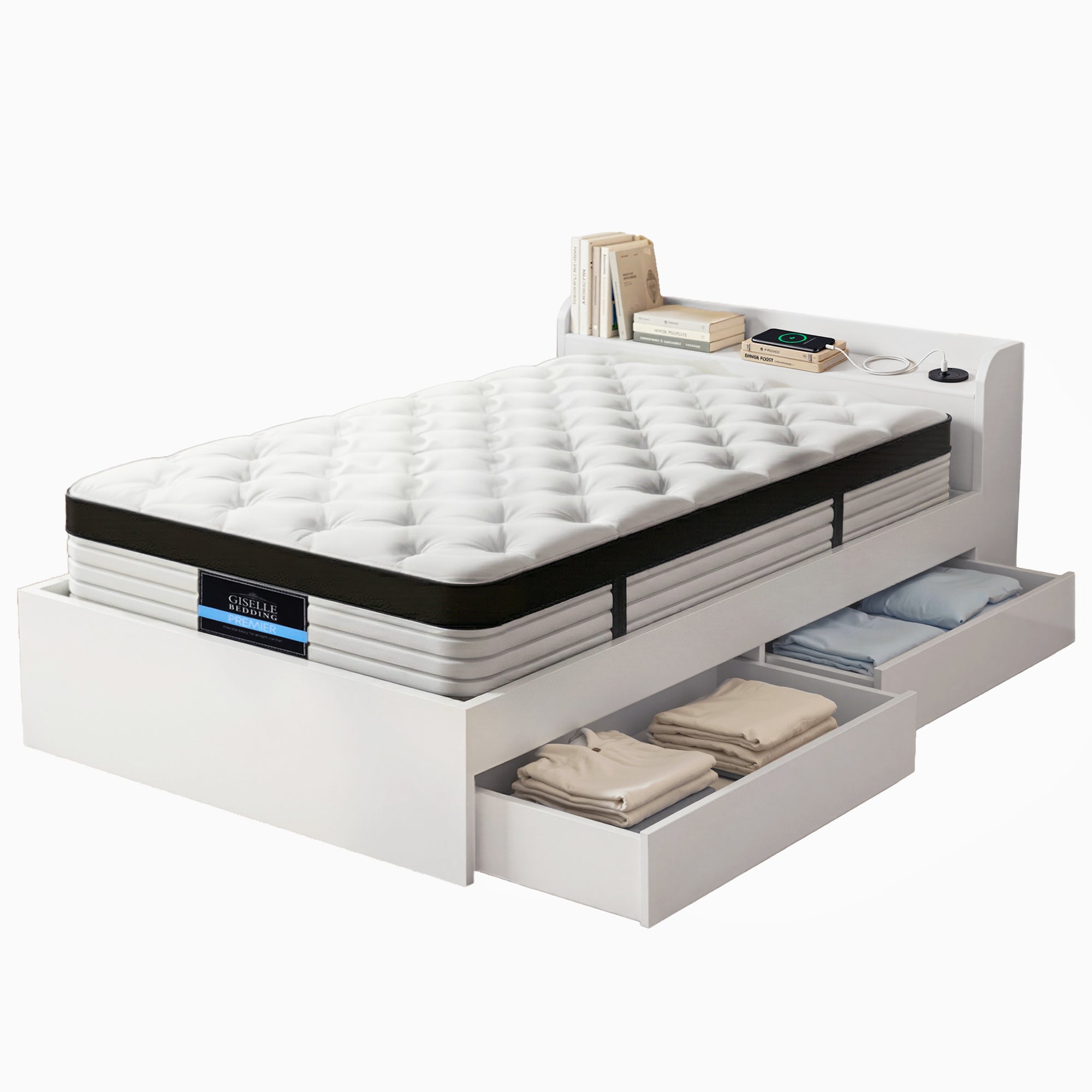 Giselle Single Mattress 5-zone Pocket Spring Mattresses with Artiss Wooden Storage Bed Frame Set MABF-BET-AURA-S-WH