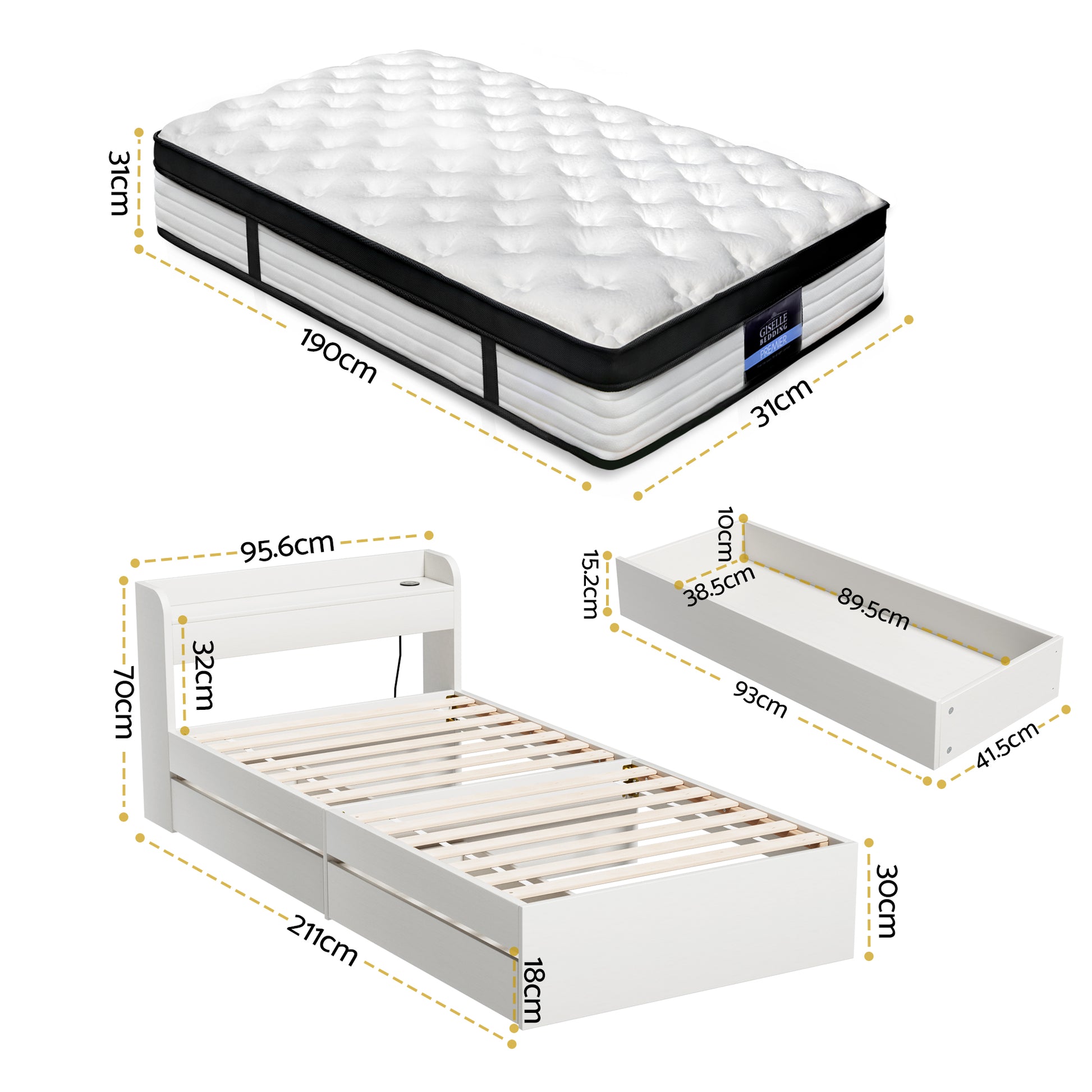 Giselle Single Mattress 5-zone Pocket Spring Mattresses with Artiss Wooden Storage Bed Frame Set MABF-BET-AURA-S-WH