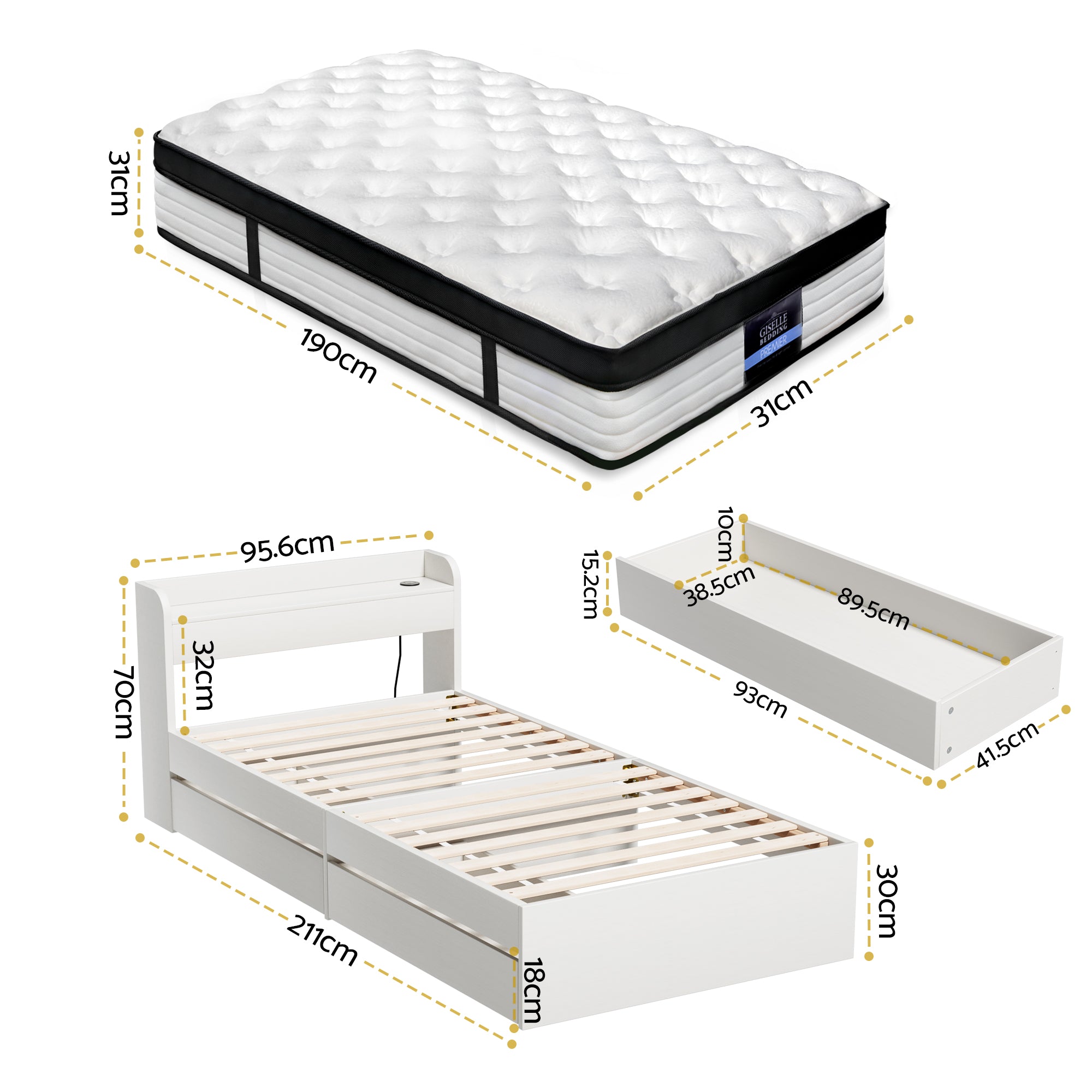 Giselle Single Mattress 5-zone Pocket Spring Mattresses with Artiss Wooden Storage Bed Frame Set MABF-BET-AURA-S-WH