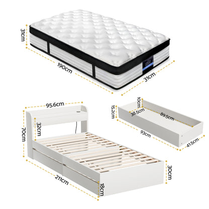 Giselle Single Mattress 5-zone Pocket Spring Mattresses with Artiss Wooden Storage Bed Frame Set MABF-BET-AURA-S-WH
