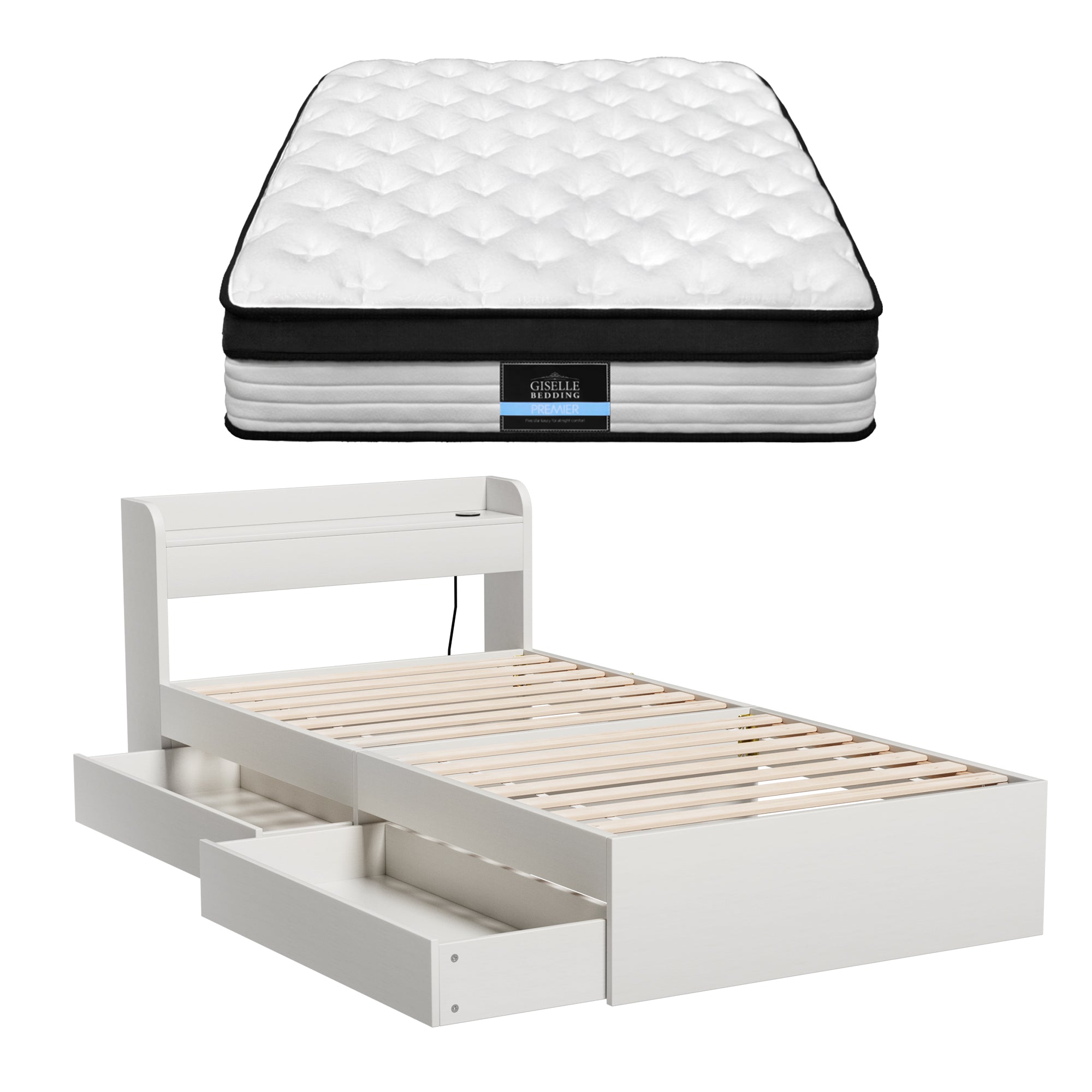 Giselle Single Mattress 5-zone Pocket Spring Mattresses with Artiss Wooden Storage Bed Frame Set MABF-BET-AURA-S-WH