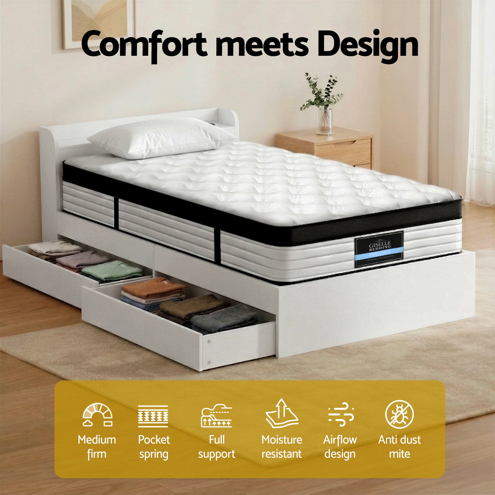 Giselle Single Mattress 5-zone Pocket Spring Mattresses with Artiss Wooden Storage Bed Frame Set MABF-BET-AURA-S-WH