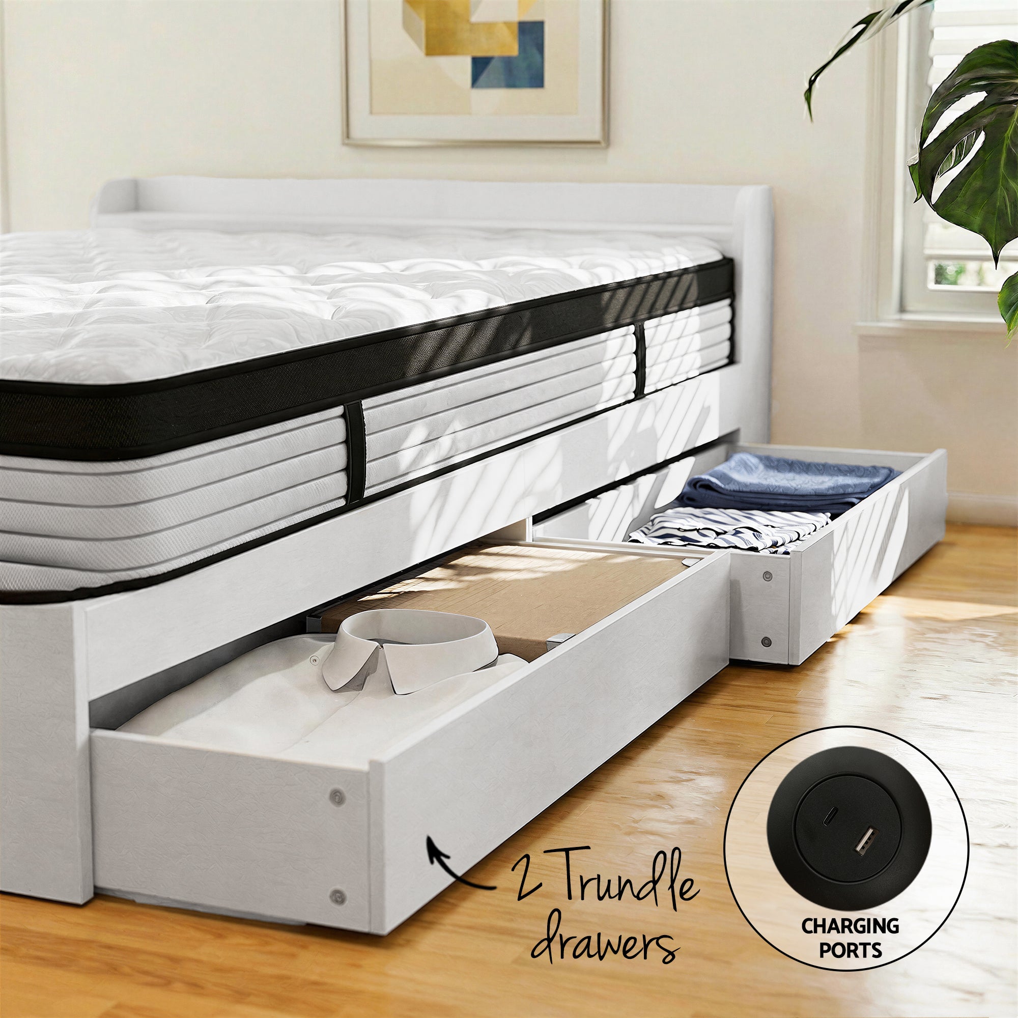 Giselle Single Mattress 5-zone Pocket Spring Mattresses with Artiss Wooden Storage Bed Frame Set MABF-BET-AURA-S-WH