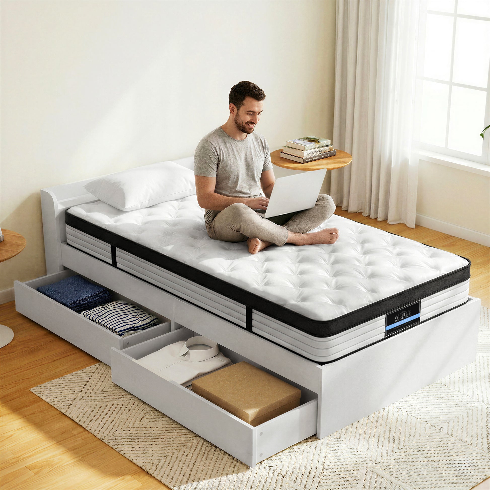 Giselle Single Mattress 5-zone Pocket Spring Mattresses with Artiss Wooden Storage Bed Frame Set MABF-BET-AURA-S-WH