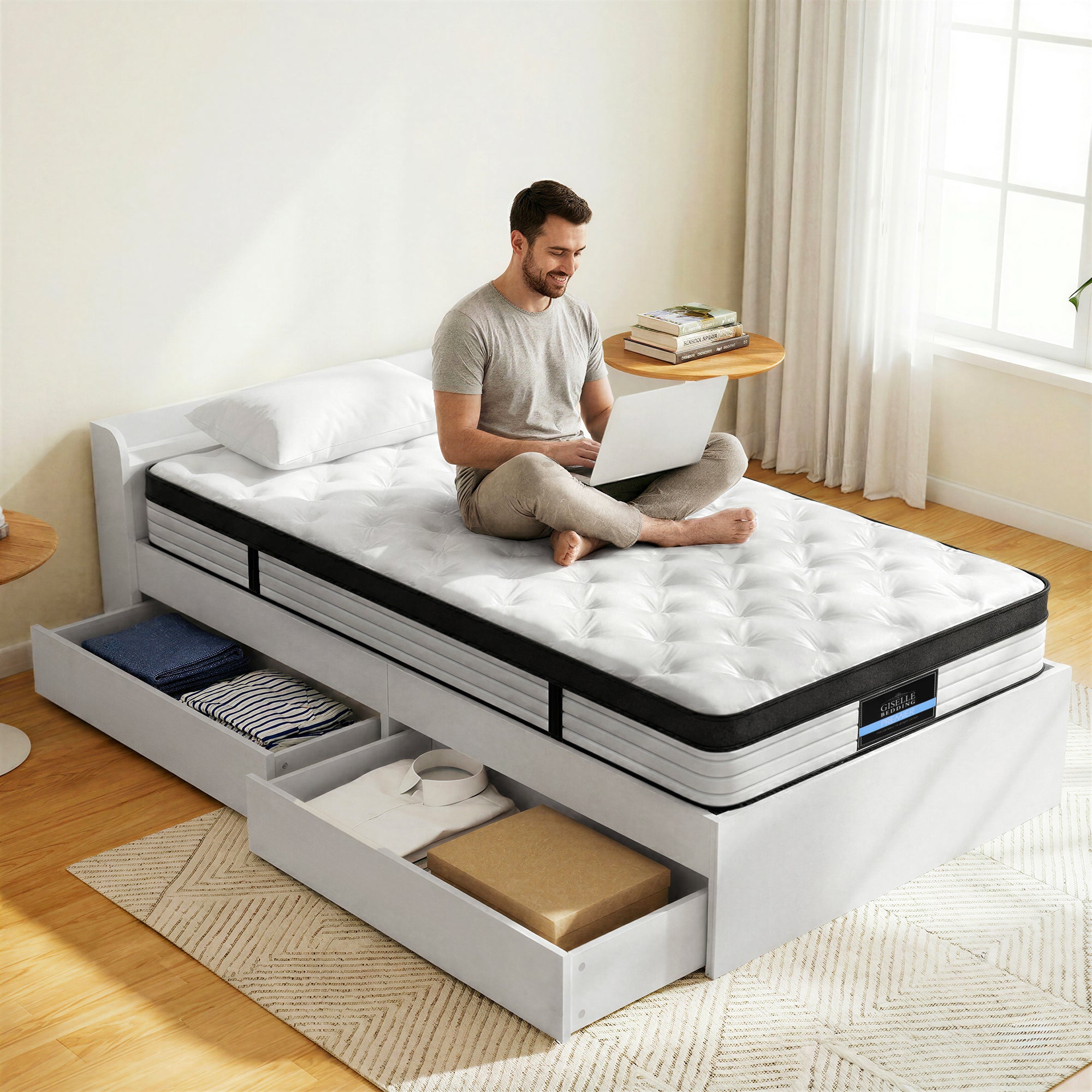 Giselle Single Mattress 5-zone Pocket Spring Mattresses with Artiss Wooden Storage Bed Frame Set MABF-BET-AURA-S-WH