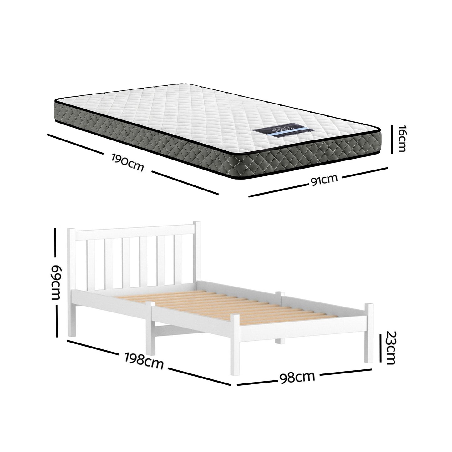 Giselle Single Mattress and Artiss Bed Frame Set White Solid Pine with 16cm Mattress MABF-BON-001S-WH