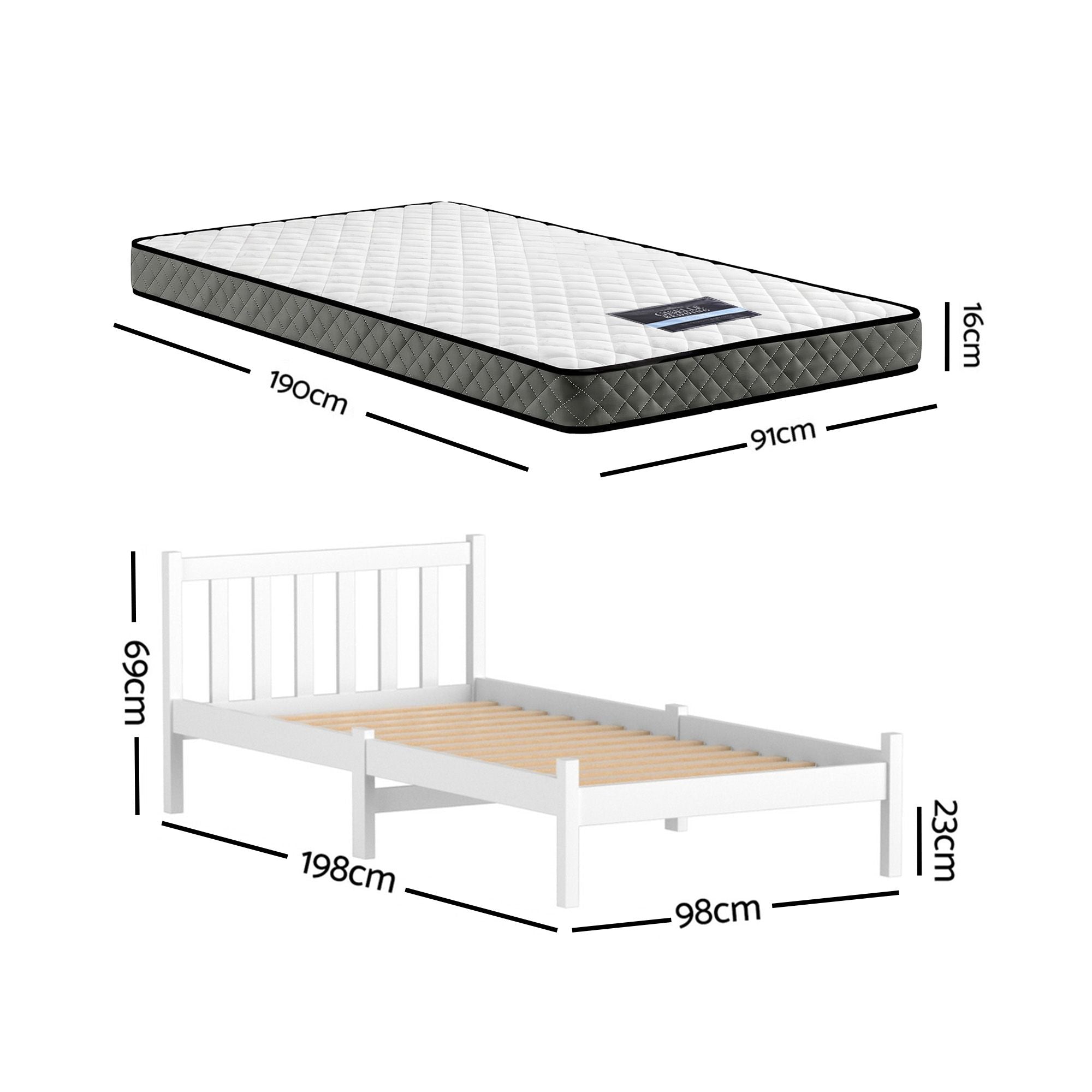 Giselle Single Mattress and Artiss Bed Frame Set White Solid Pine with 16cm Mattress MABF-BON-001S-WH
