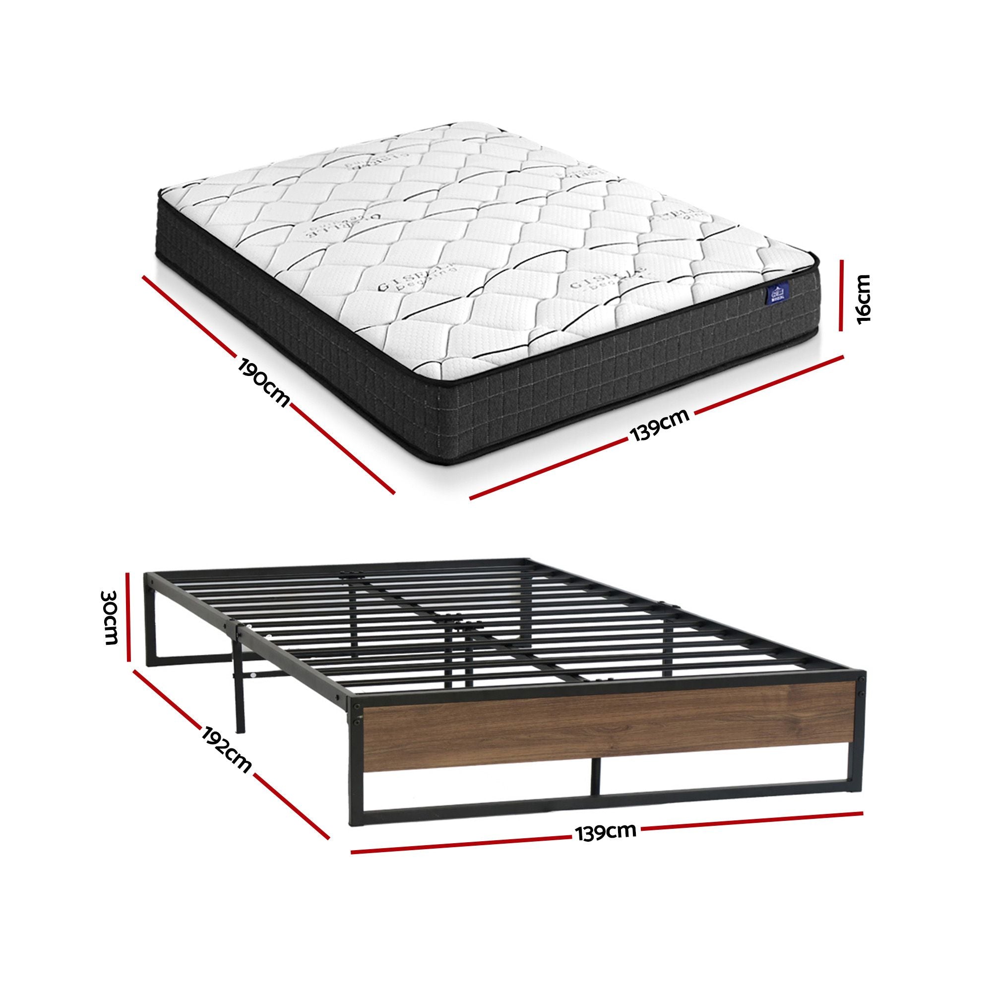 Giselle Double Mattress 16cm and Artiss Metal Bed Frame Set for Guest Rooms Studios MABF-GLAY-OSLO-BK